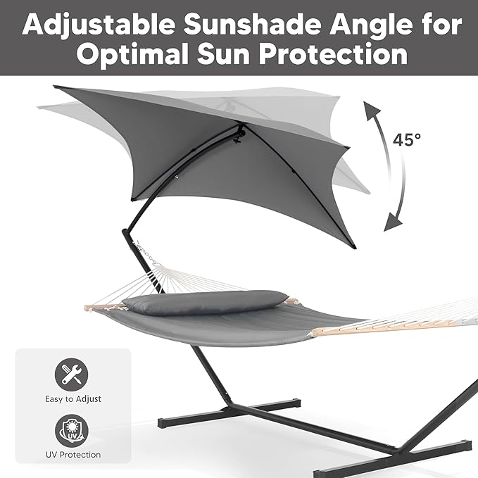 SUNCREAT Hammocks for Outside with Stand, Porch Hammock and Stand, 475 lbs Capacity, Patent Pending, Light Gray