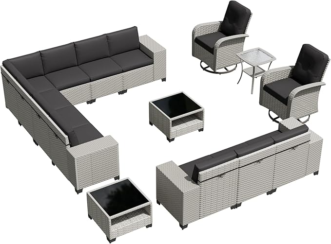 15-Piece Outdoor Patio Furniture Set, Modular Sectional Sofa Set with Swivel Rocker Chairs, Wicker Outdoor Couch Conversation Sets w/Coffee Table and Cushions, Black