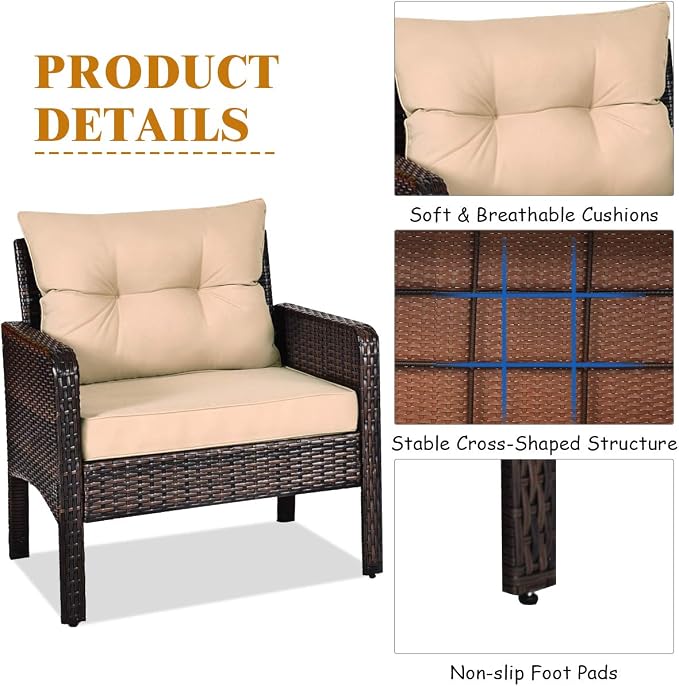 DORTALA Small Patio Furniture Set 3 Piece, Wicker Outdoor Table and Chairs Set with Cushions, All Weather Rattan Conversation Bistro Set for Balcony, Porch, Backyard, Deck, Beige