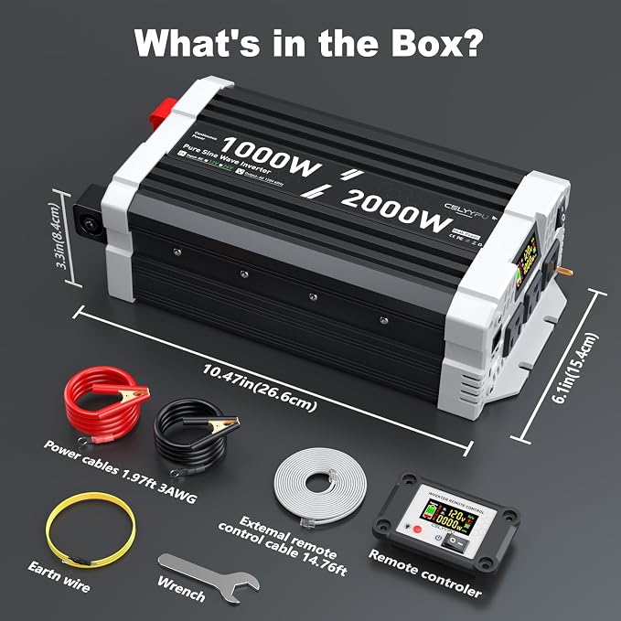 1000 watt Pure sine Wave Inverter, 12V DC to 110V AC Power Inverter, with 3 AC Output sockets, USB Port, Type-C Port, Remote Control with LCD Screen, Used for Solar Emergency Power Supply in RV Homes