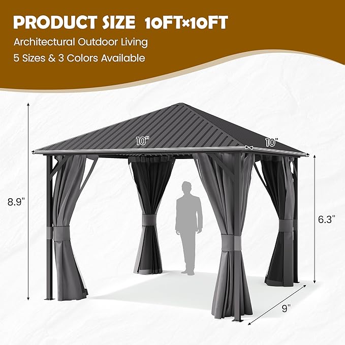 UDPATIO 10'x10' Hardtop Gazebo, Outdoor Gazebo with Galvanized Steel Roof, Weather-Resistant Patio Gazebo for Deck, Backyard, Garden, Grey