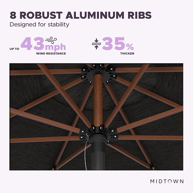 Midtown Umbrellas The Wooden 10 Feet Patio Umbrella With Sunbrella Spectrum Carbon Acrylic Fabric - Aluminum Frame Market Umbrella For Backyard, Deck, Garden, Pool - Wooden Pole