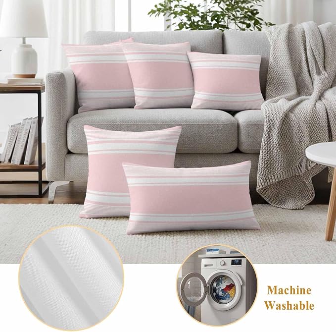 Outdoor Waterproof Throw Pillow Covers, Pink Striped Decorative Pillow Cases, Modern Color Block Farmhouse Stripes Couch Pillow Protector Patio Sofa Cushion Covers Replacement 26"x26" 2 Pack