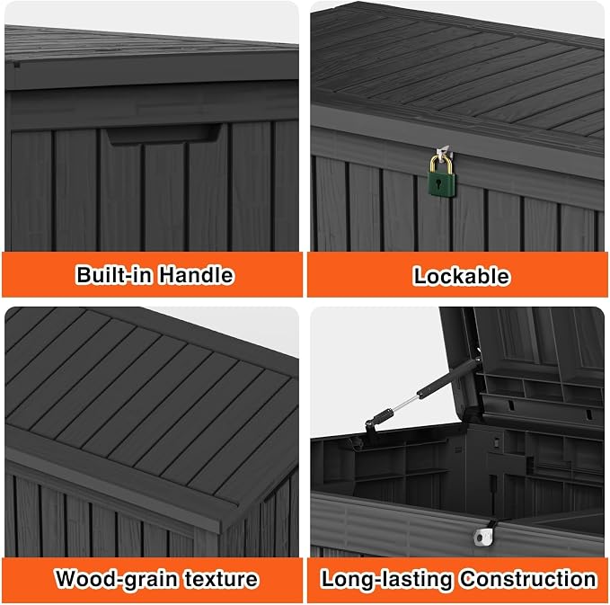 Outdoor Storage Box 185GAL Waterproof Resin Deck Box,Pool Accessories Supplies，UV-Resistant Lockable Package Delivery Bin for Garden Tools,Large Patio Outside Cushions,Chest,Furniture,Black