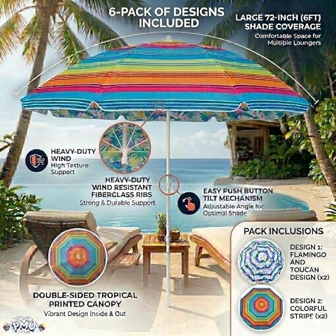 PMU 6 Pcs Set Beach Umbrella 72in Open – Tropical Flamingo Print & Rainbow Stripe, 160G Polyester Large Outdoor Patio Pool Parasol Umbrella for Garden, Deck, Backyard & Pool
