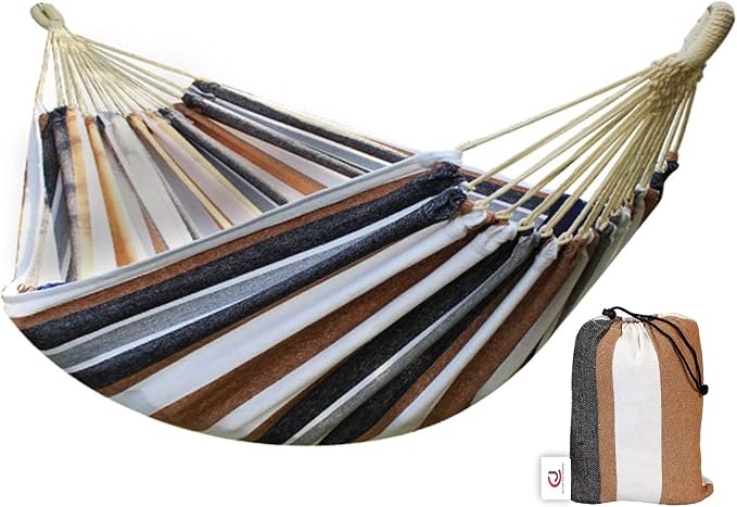 CJ Ultra Double Brazilian Hammock - XL Wide Two Person Soft Woven Cotton Fabric - Long Hamaca Swing Bed for Backyard Patio or Porch - Outdoor or Indoor - Includes 2 Hanging Tree Ropes (Brown Striped)