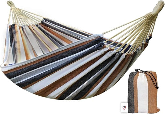 CJ Ultra Double Brazilian Hammock - XL Wide Two Person Soft Woven Cotton Fabric - Long Hamaca Swing Bed for Backyard Patio or Porch - Outdoor or Indoor - Includes 2 Hanging Tree Ropes (Brown Striped)