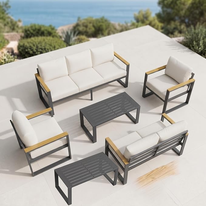 Garvee Aluminum Outdoor Patio Furniture Set with Coffee Table | 5 Piece Patio Conversation Sets with Washable Thick Cushions, Outdoor Sectional Furniture Set for Porch, Balcony, Deck, Yard,