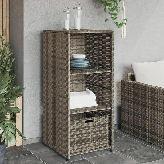 Outdoor Storage Cabinet Gray 19.7x21.7x45.3 Inch PE Rattan with Steel Frame, 2 Shelves & Drawer for Patio Furniture, Pool Toys, Garden Tools, Deck Box Organization