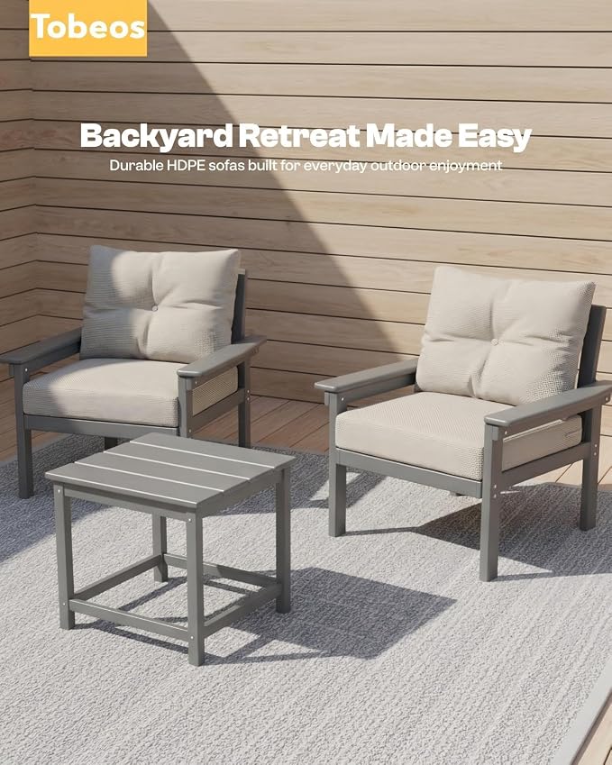 HDPE 4 Piece Patio Furniture Set, All-Weather Outdoor Couch with Thick Cushions & Coffee Table & Side Table, Patio Conversation Sets for Lawn, Garden, Porch, Balcony, Deck, Poolside,Grey Beige