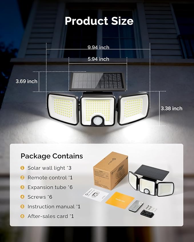 Brightown 3 Pack Solar Outdoor Lights with Motion Sensor, 223 LED 3 Head 270° Wide Angle Street Area Security Lights with Remote, IP65 Waterproof Flood Wall Lights with 3 Modes for Yard Outside