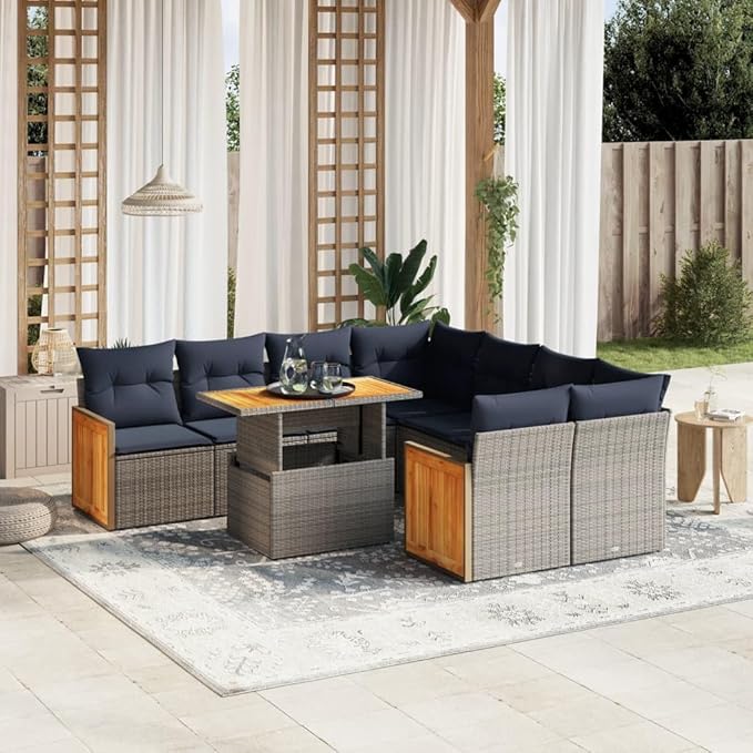 vidaXL Patio Sofa Set with Cushions 9 Piece, Outdoor Conversation Set, Sectional Sofa for Balcony Garden, Modern Style, Gray Poly Rattan