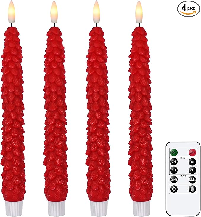 DRomance Christmas Tree Flameless Taper Candles Battery Operated with 10-Key Remote and Cycle Timer 4 Pack Real Wax 3D Wick Flickering LED Candlesticks Holiday Decor(Red, 0.79 x 9.9 Inch)