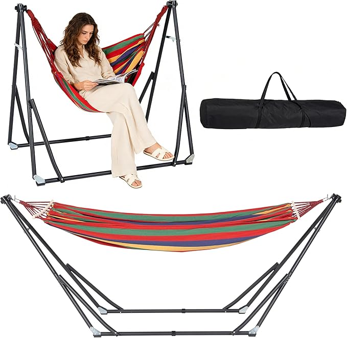 SogesHome 2-in-1 Convertible Hammock Chairs with Stand, 440LBS Capacity, Large Canvas Outdoor Two People Swing Bed, Foldable Portable for Backyard Patio Garden Camping Travel, Colorful Striped