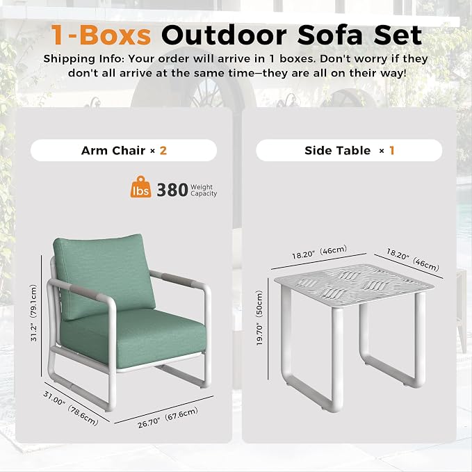 Outdoor Aluminum Patio Furniture Set with with 6.5" Thick Cushions,3-Piece Outdoor Sectional Conversation Set with Coffee Table, All-Weather Patio Set for Backyard & Deck，White