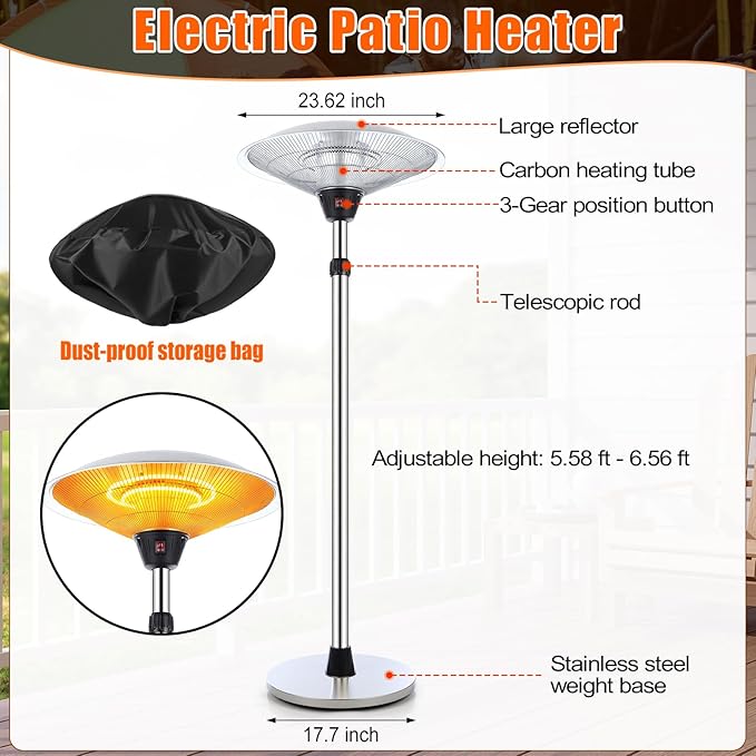 Glooglitter 1500w Electric Patio Heater for Outdoor Stainless Steel Free Standing Infrared Space Heater with Adjustable Height and Dust Bag, Tip-over Protection, for Porch Balcony Living Room Gazebo
