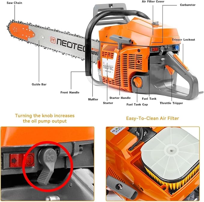 NEO-TEC NH8120 Chainsaw Gas 120cc Gas Powered Chainsaw with 24 Inch Bar, 8.4hp 6.2kw Big Large 2-cycle Motosierra De Gasolina for Extreme Logging Cutting, All Parts Fit for Husqvarna 3120 Xp