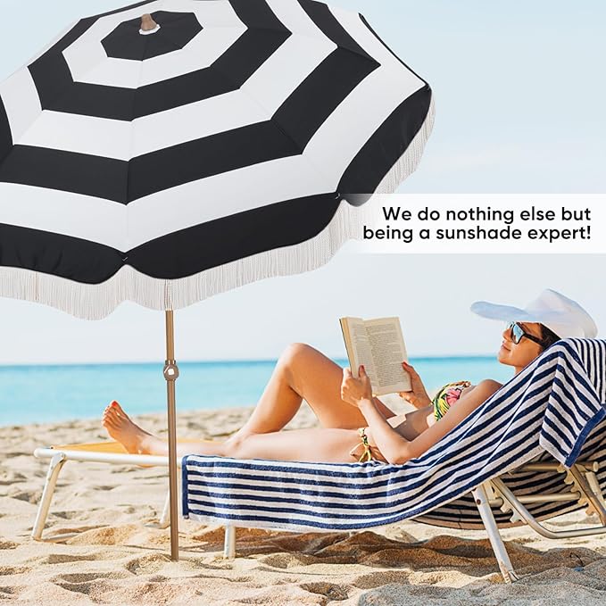 Tempera Heavy Duty High Wind Beach Umbrella with Sand Anchor & Carry Bag | Patio Outdoor Umbrella with Aluminum Frame and Push Button Tilt, Ideal for Travel Garden Lawn, UPF 60+
