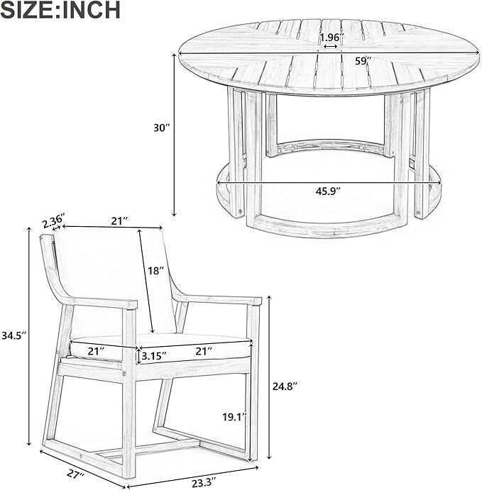 VilroCaz Acacia Wood Outdoor Dining Set for 6, All-Weather Outdoor Round Dining Table with 1.96" Umbrella Hole and 6 Armchair& Removable Cushions for Patio Backyard Pools (Light Teak-2.14)