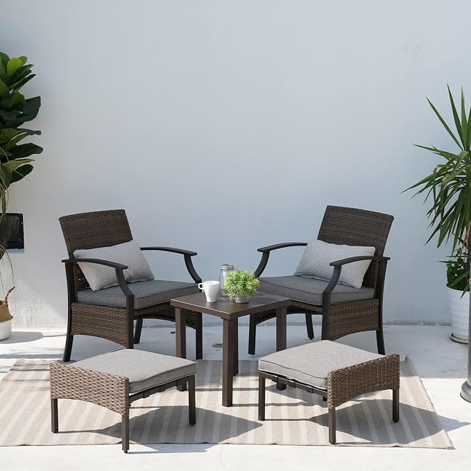 Grand patio 5-Piece Outdoor Furniture Sets Wicker Outdoor Patio Chairs with Olefin Cushions Ottomans and Coffee Table for Balcony Backyard Garden Poolside- Gray