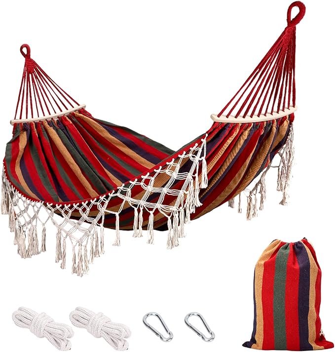 Double Hammock with Tree Straps 108x59in Heavy Duty 770 lbs Camping Hammock with Tassels Portable Colorful Canvas Hammocks with Carry Bag for Backyard Outdoor Beach Patio