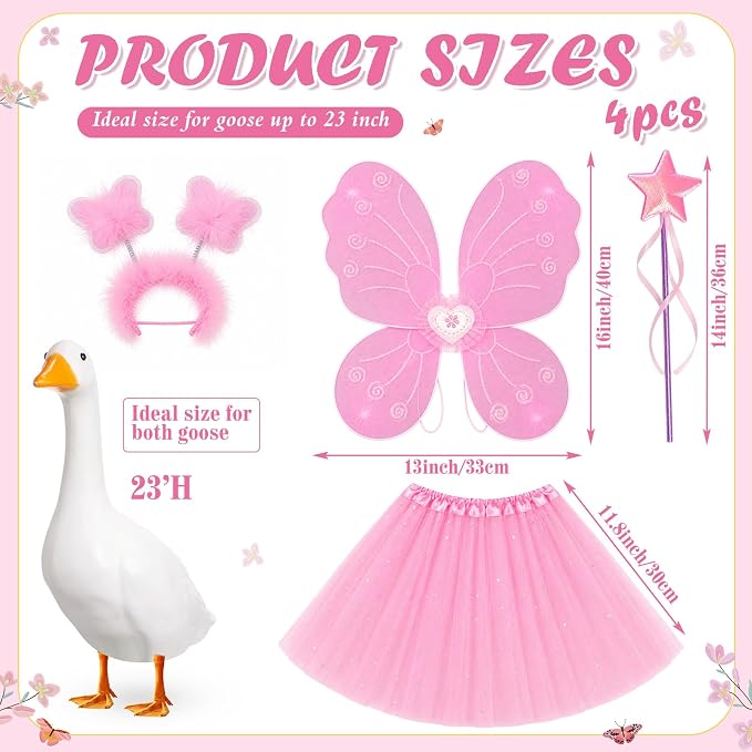 5pcs Butterfly Porch Goose Outfit Costume Tutu Skirt Butterfly Wing Wand Flower Crown for 17‘' 23‘' Cement Goose