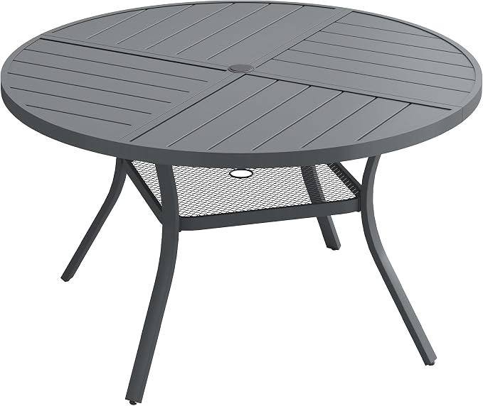 VICLLAX 47.2" Round Outdoor Table, Patio Dining Table for 6 with Umbrella Hole for Garden Lawn Deck Backyard, Dark Grey