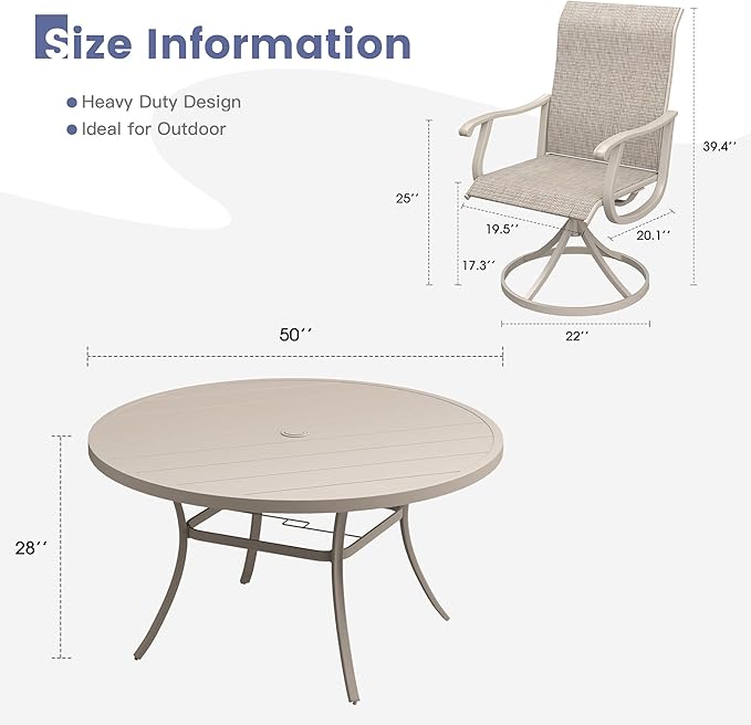 VICLLAX 7 Pieces Outdoor Dining Set, Patio Furniture Set of 6 Patio Swivel Dining Chairs and 50" Patio Round Table, Sandshell Chairs & Sandshell Tabletop
