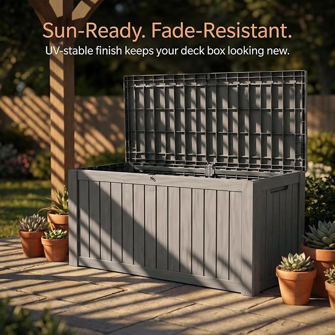 150 Gallon Outdoor Deck Boxes, IP68 Waterproof Outdoor Storage Box with Hydraulic Lid Support, Outside Resin Container for Furniture, Toy, Shoe, Garden & Patio Tools Storage -Brown