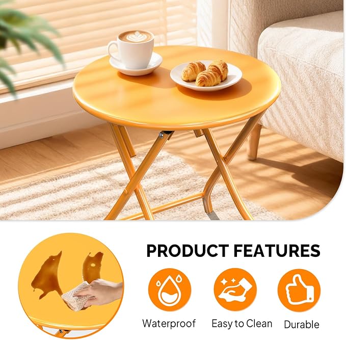 VINGLI Patio Metal Folding Side Table, Portable Small Outdoor Folding Round Table, Perfect for Indoor and Outdoor Spaces Like Balconies, Backyards, Porches, and Patios.Yellow（1 Pack）