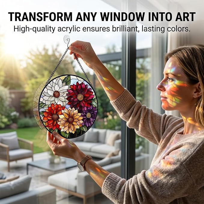 Birthday Gifts for Women - Colorful Flowers Faux Stained Glass Window Hanging Sun Catcher for Door Garden Acrylic Decor Mother's Day Christmas for Mom Nana Grandma Sisters Wife 6.3"