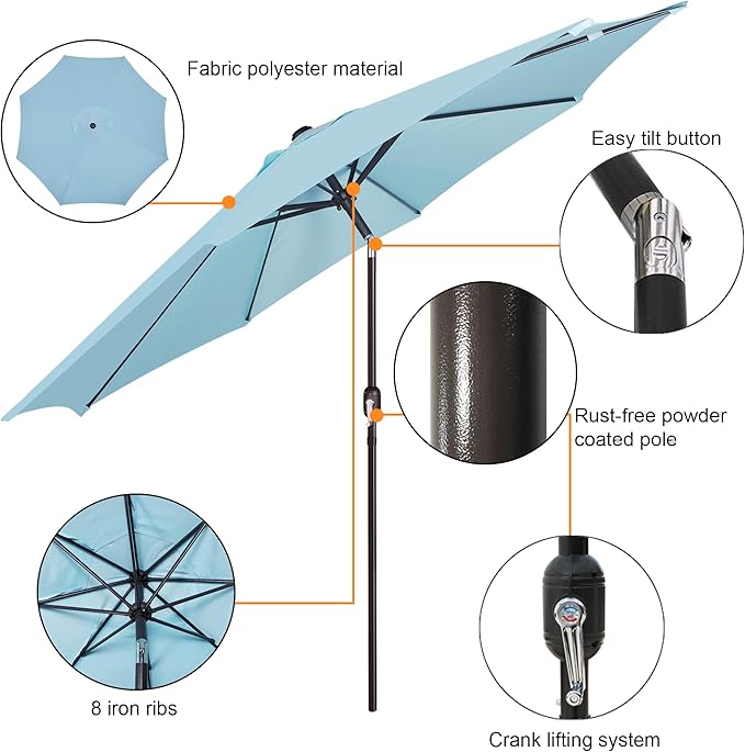 Blissun 9' Outdoor Patio Umbrella, Outdoor Table Umbrella, Yard Umbrella, Market Umbrella with 8 Sturdy Ribs, Push Button Tilt and Crank