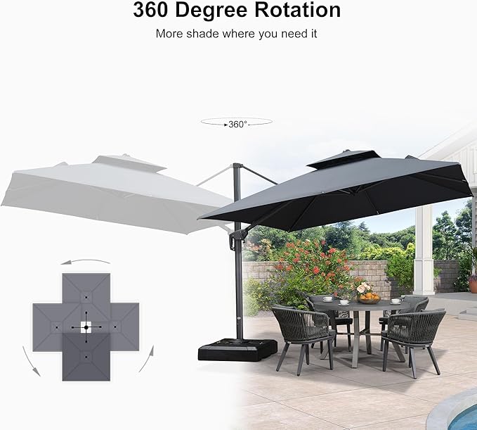 PURPLE LEAF Cantilever Patio Umbrella with Base 10FT Large Double Top Square Offset Outdoor Umbrella with 360°Rotation Hanging Tilting Umbrella Outdoor Grey