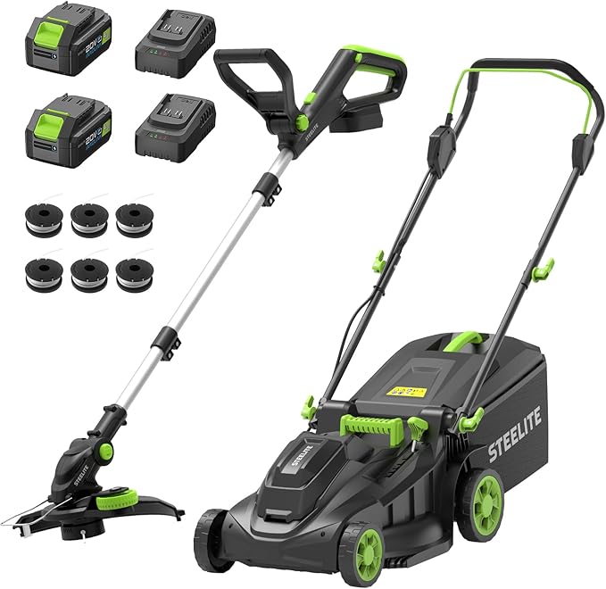 STEELITE 40V 17" Electric Lawn Mower & 12" String Trimmer Combo Set, Yard Care Kit with 2x4.0Ah Batteries & Dual Chargers