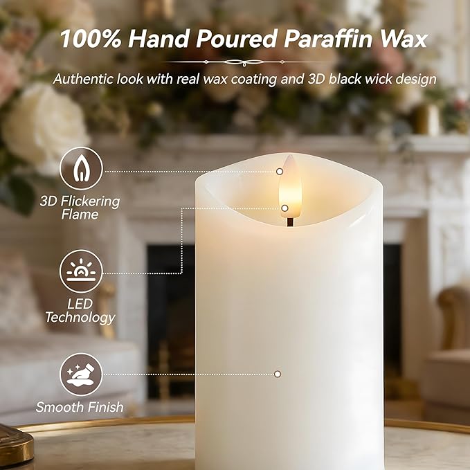 Rechargeable Flickering Flameless Candles Melted Edge Battery Operated with Remote and Timer, Real Wax LED USB Type-C Pillar Candles, Set of 3 (3" x 4",5",6"), White,Home Decor