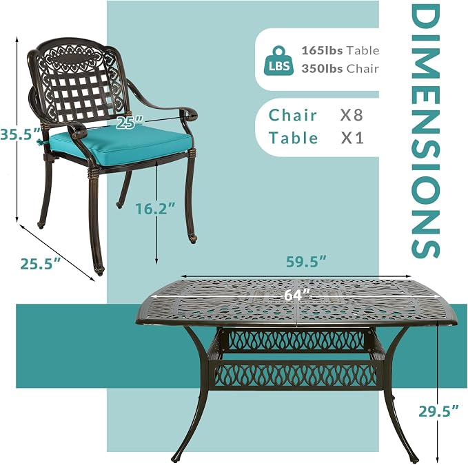 MEETWARM 9-Piece Outdoor Furniture Dining Set for 8, All Weather Cast Aluminum Patio Dining Set- Large 64" Square Table with Umbrella Hole, 8 Cushioned Chairs, Patio Table and Chairs Set, Ocean Blue