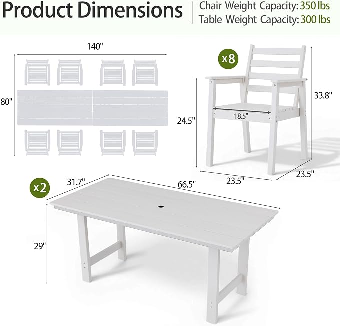10-Piece Outdoor Dining Set, All-Weather HDPE Patio Furniture, Two 66.5" Slatted Table with 1.6" Umbrella Hole & 8 Ergonomic Armchairs, Heavy Duty 350lbs Capacity, UV Resistant, White