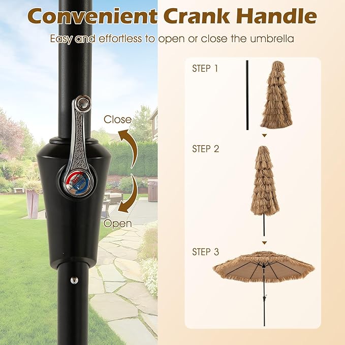 Tangkula 10 ft Thatched Patio Umbrella, 2 Tier Hawaiian Style Grass Beach Umbrella with 32 Led Lights, Center Light, Solar Tiki Umbrella with 8 Ribs, Tilt Adjustment, Manual Crank for Backyard, Poolside, Deck