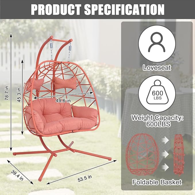Double Egg-Shaped Hammock Chair, Swing Egg Chair, Wicker Hanging Chair with Removable Washable Cushion