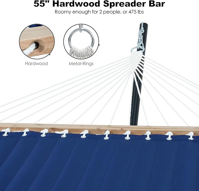 2 Person Hammock with Stand for Outside, Heavy Duty Steel Stand, Double 55inch Hammocks, Large Removable Pillow, Storage Bags, Max 475 lbs Capacity (Blue)