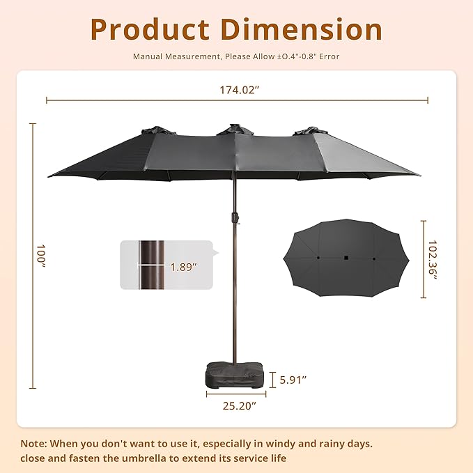 15ft Patio Umbrella with Base Included, Rectangle Double Patio Umbrellas with Crank Handle 12 Ribs, Heavy Duty Large Table Umbrella for Pool Deck Garden Party Commercial