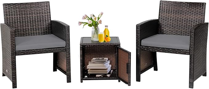 COSTWAY 3 Pieces Patio Rattan Furniture Set, Outdoor Wicker Cushioned Chairs Set with Side Storage Table, Patio Conversation Sets for Backyard, Poolside, Front Porch, Balcony, Garden, Grey