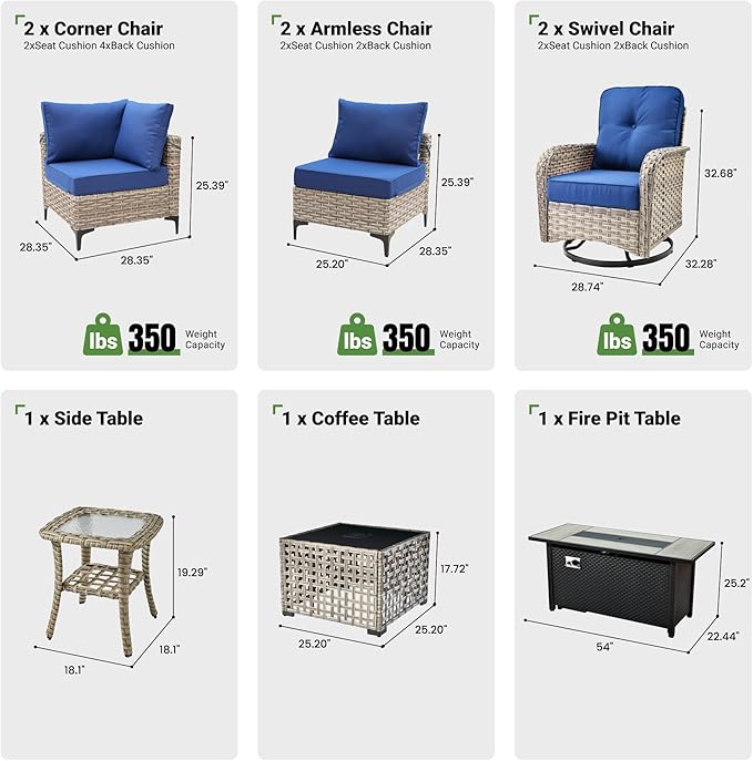 9 Pcs Patio Furniture with Fire Pit Table, Outdoor Rattan Wicker Conversation Set with Glowing Coffee Table, Comfy Sectional Sofa for Porch Balcony Backyard Pool, Blue