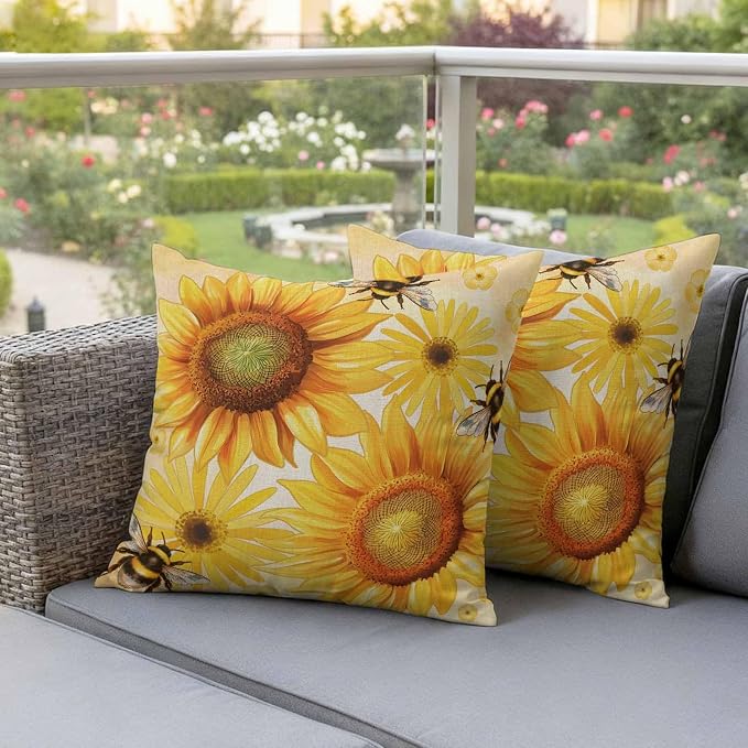 Outdoor Throw Pillow Covers,Farmhouse Sunflower Bee on Linen Waterproof Decorative Pillowcases Cushion Cover Retro Pastoral Yellow Flower Pillow Cases for Patio Couch Sofa Bed,20x20in Set of 2