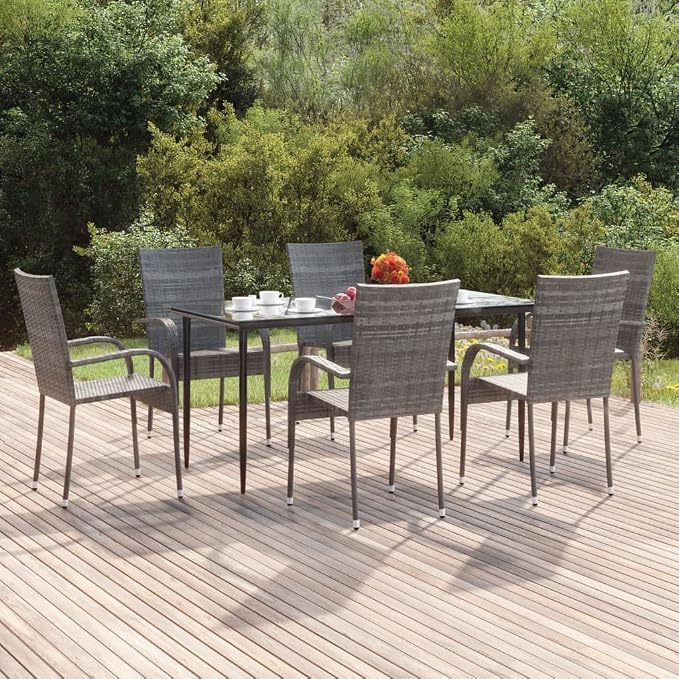 7 Piece Patio Dining Set Gray Poly Rattan Outdoor Furniture with Tempered Glass Table and 6 Stackable Chairs for Garden Backyard Deck