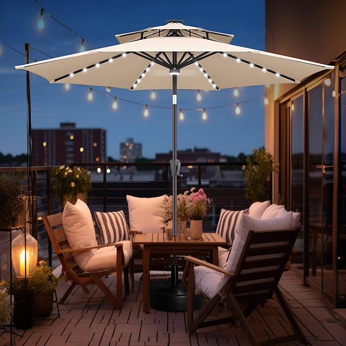 FLAME&SHADE 2 Tiers 9ft Solar Light Patio Umbrella, 40 LED lights outdoor umbrella with Centre Surround Light, Table Market Umbrella for Deck, Pool, Porch, Backyard, Garden (Beige)