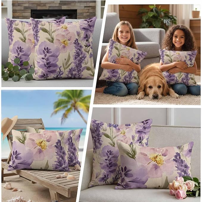 Spring Flowers Outdoor Waterproof Throw Pillow Covers Set of 2, 18"x18", Lavender Leaf Purple Floral Vintage Decorative Pillow Covers Outside Cushion Case for Patio Porch Garden