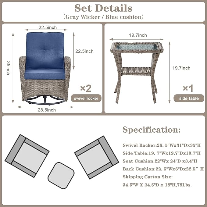 Belord Swivel Patio Chairs Wicker Set - Outdoor Swivel Rocker Chair with Side Table, 3 Piece Patio Glider Chairs Furniture Set with Water-Resistant Cushions for Porch Deck Sunroom