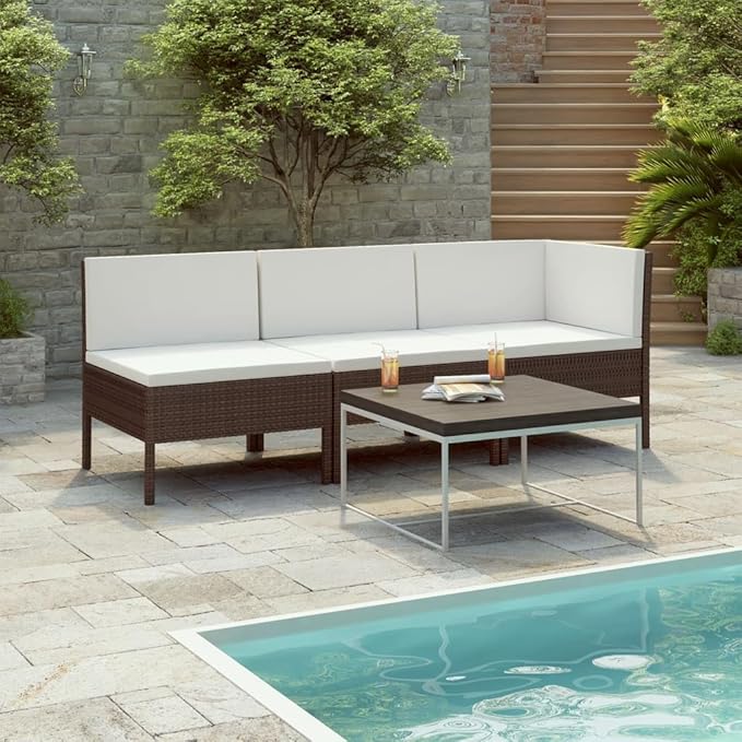 3 Piece Patio Lounge Set with Cushion, Piece Patio Set Patio Lounge Set Outdoor Patio Sectional Furniture Conversation Sets s Poly Rattan Brown