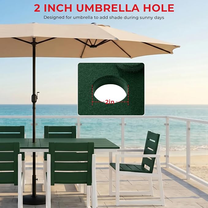 Costaelm Rectangle Patio Table, 8-Person Backyard Table 90" HDPE Dining Table with Umbrella Hole and Metal Frame for Outside, Garden, Poolside, Deck, Porch, Balcony, Dark Green